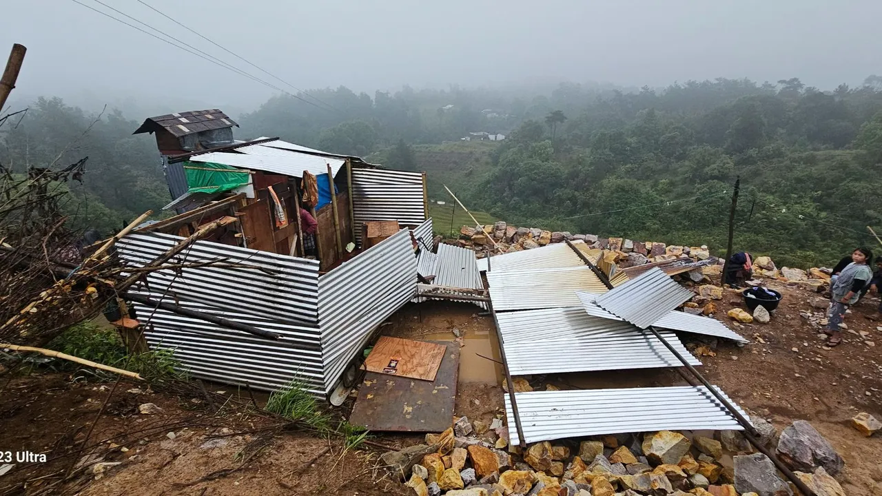 A house damaged by cyclonic storm and hailstones in remote Kharang village of Meghalaya's East Khasi Hills district, Sunday afternoon, May 5, 2024