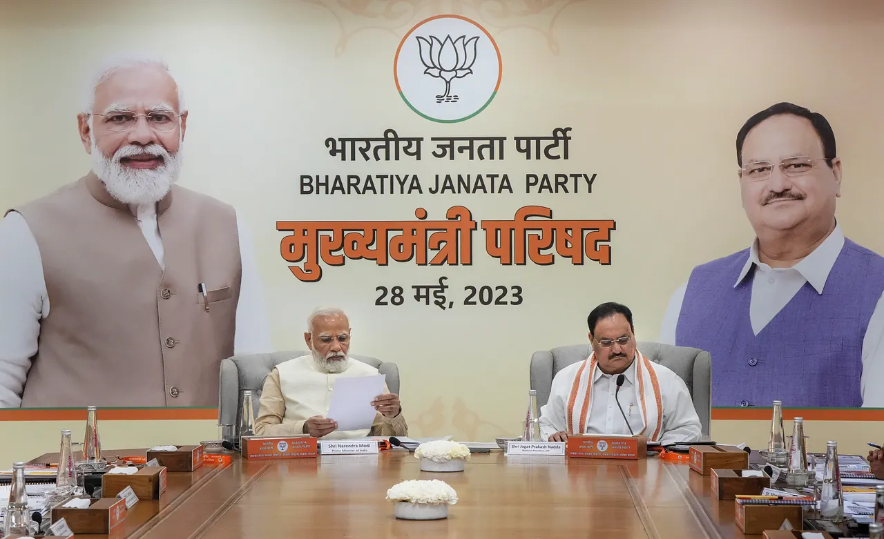 Prime Minister Narendra Modi with BJP National President J.P. Nadda during 'Mukhyamantri Parishad' meeting, at BJP headquarters in New Delhi