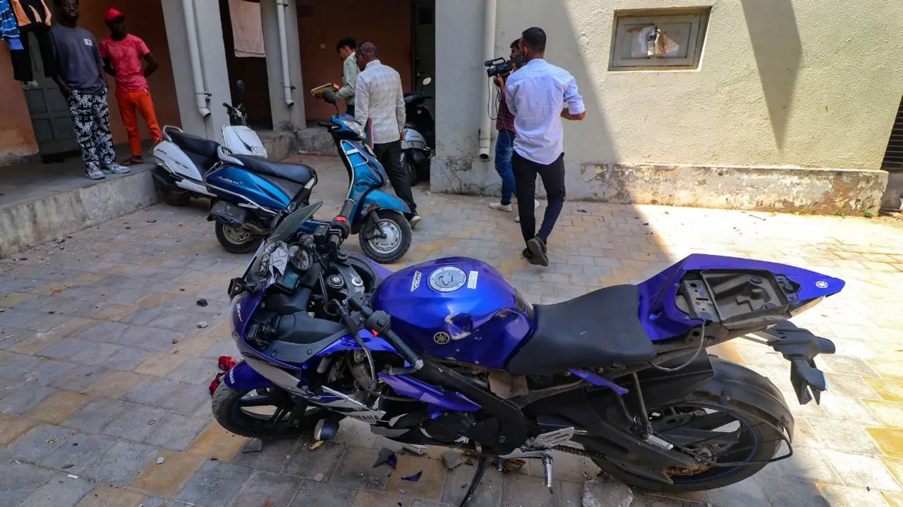 A damaged bike on the Gujarat University hostel campus students hailing from different foreign countries were assaulted allegedly by a group of persons over the issue of offering Namaz, in Ahmedabad
