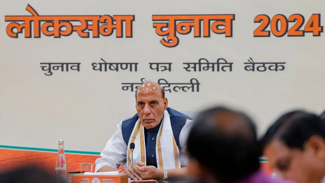 Defence Minister Rajnath Singh during BJP's manifesto committee meeting ahead of the upcoming Lok Sabha elections, in New Delhi, Monday, April 1, 2024
