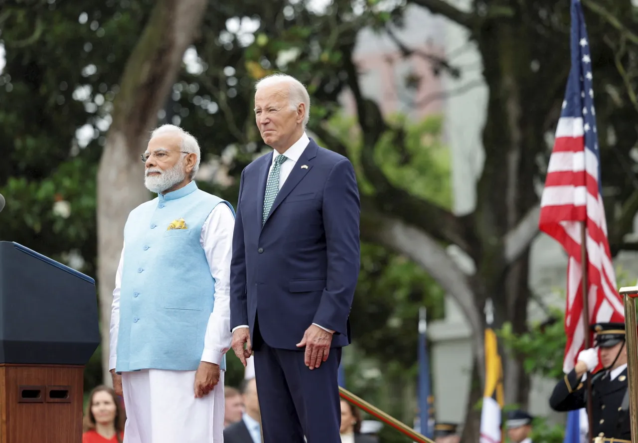 Prime Minister Narendra Modi with US President Joe Biden during the State Arrival Ceremony on the South Lawn of the White House