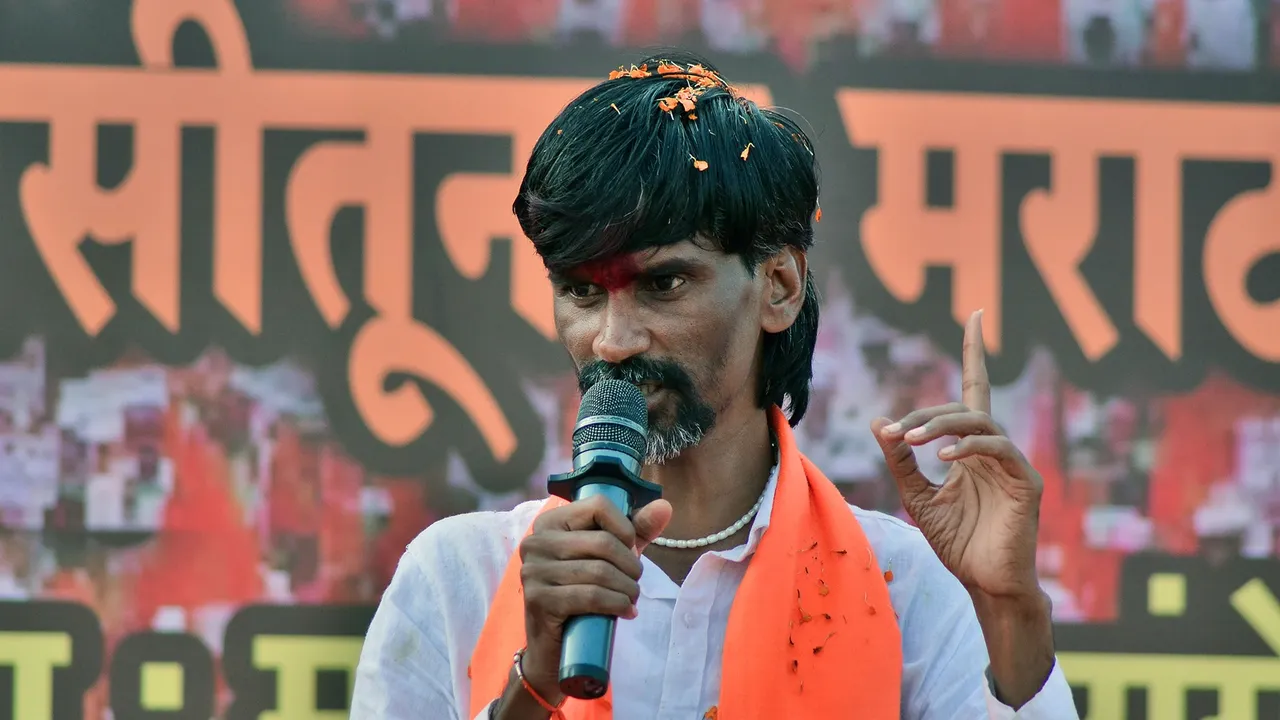 Maratha reservation activist Manoj Jarange Patil addresses a gathering during a rally, in Sangli