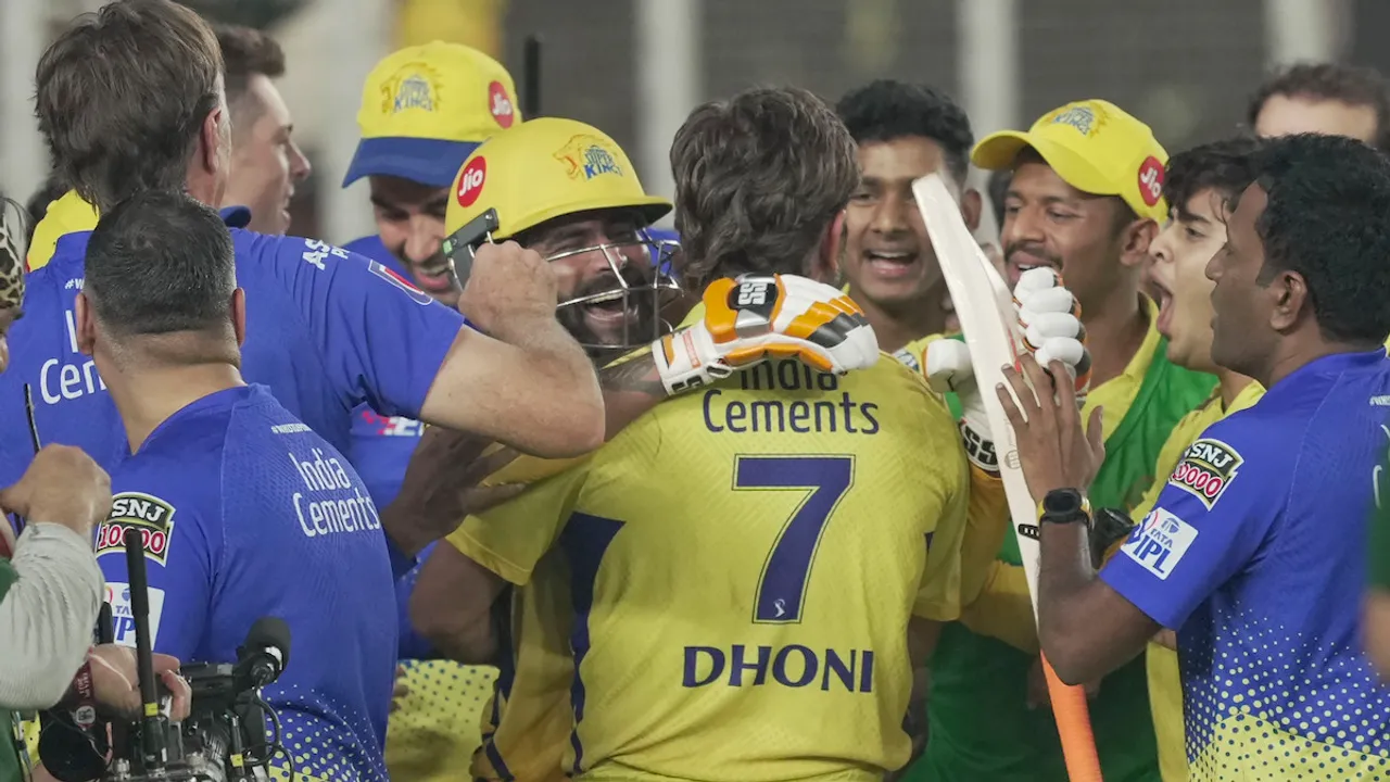 Chennai Super Kings players celebrate after winning the Indian Premier League (IPL) 2023, at the Narendra Modi Stadium in Ahmedabad on May 30