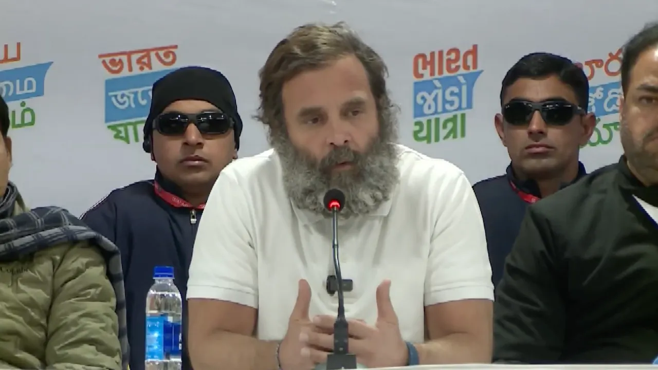 Rahul Gandhi addressing a press conference in Srinagar