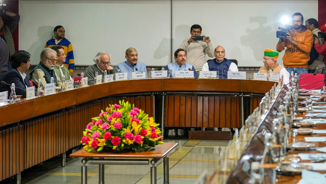 Union Defence Minister Rajnath Singh and others during all-party meeting ahead of Parliament's Winter session