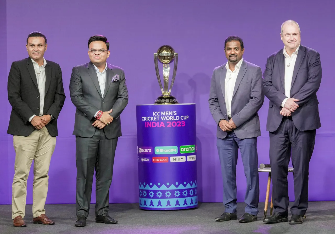 L-R) Former Indian cricketer Virender Sehwag, Secretary of Board of Control for Cricket in India Jay Shah, former Sri Lankan cricketer Muttiah Muralitharan and ICC chief Geoff Allardice pose with ICC Men's Cricket World Cup trophy