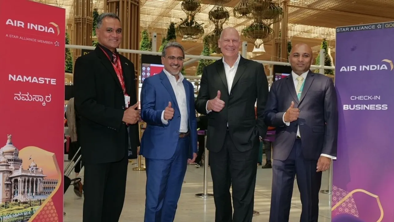 Campbell Wilson, Chief Executive Officer & Managing Director, Air India and Hari Marar, Managing Director and CEO, BIAL, with senior BIAL and Air India officials at the Bangalore International Airport