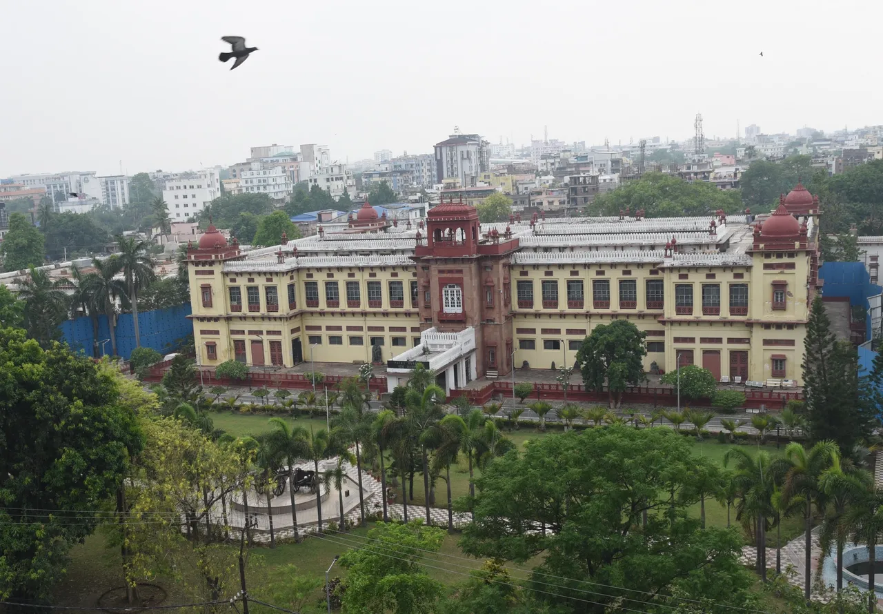 A bird's-eye view of the 95-year-old building of the Patna Museum where a redevelopment and extension project is currently underway, in Patna