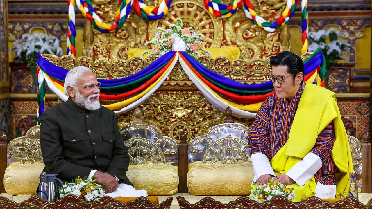 Prime Minister Narendra Modi with Bhutan's King Jigme Khesar Namgyel Wangchuck during a meeting at the Tashichho Dzong Palace, in Thimphu