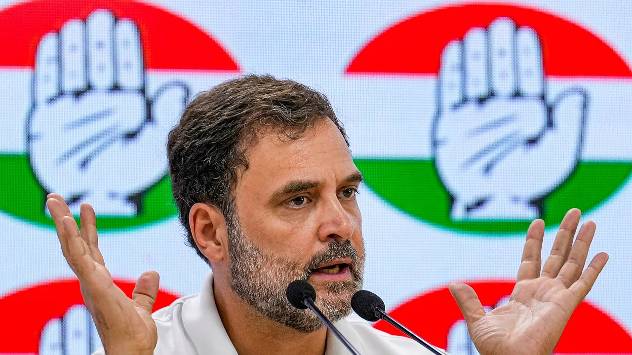 Congress leader Rahul Gandhi addresses a press conference at AICC headquarters, in New Delhi