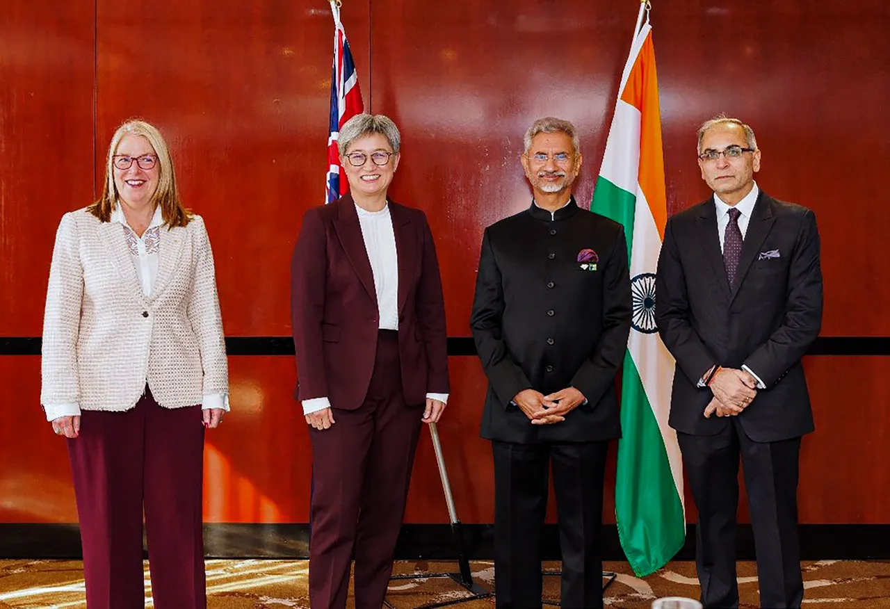 External Affairs Minister S Jaishankar poses for a group photo with Australian Foreign Minister Penny Wong and others during a meeting, in Sydney