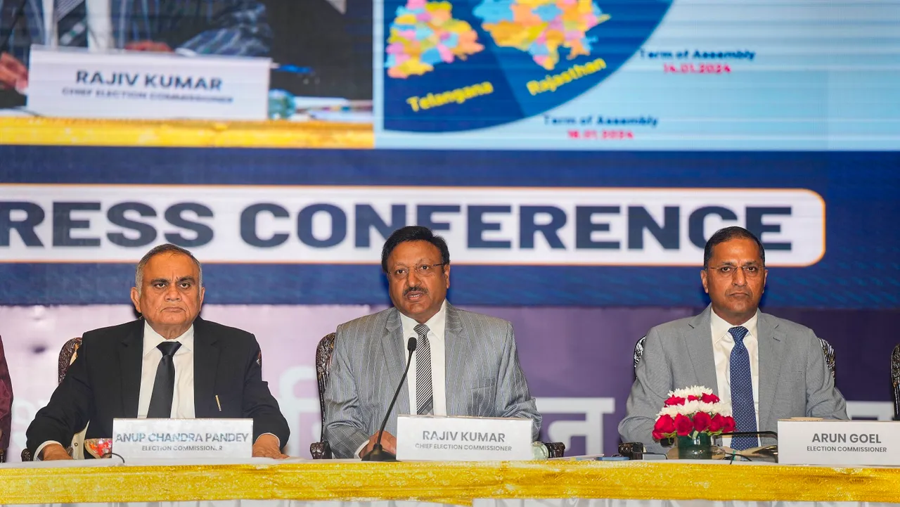 Chief Election Commissioner Rajiv Kumar with Election Commissioners Anup Chandra Pandey (left) and Arun Goel during a press conference