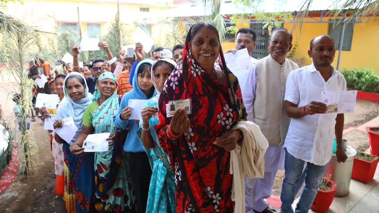 Voters wait for their turn at a model polling station in Chhattisgarh's Sarona