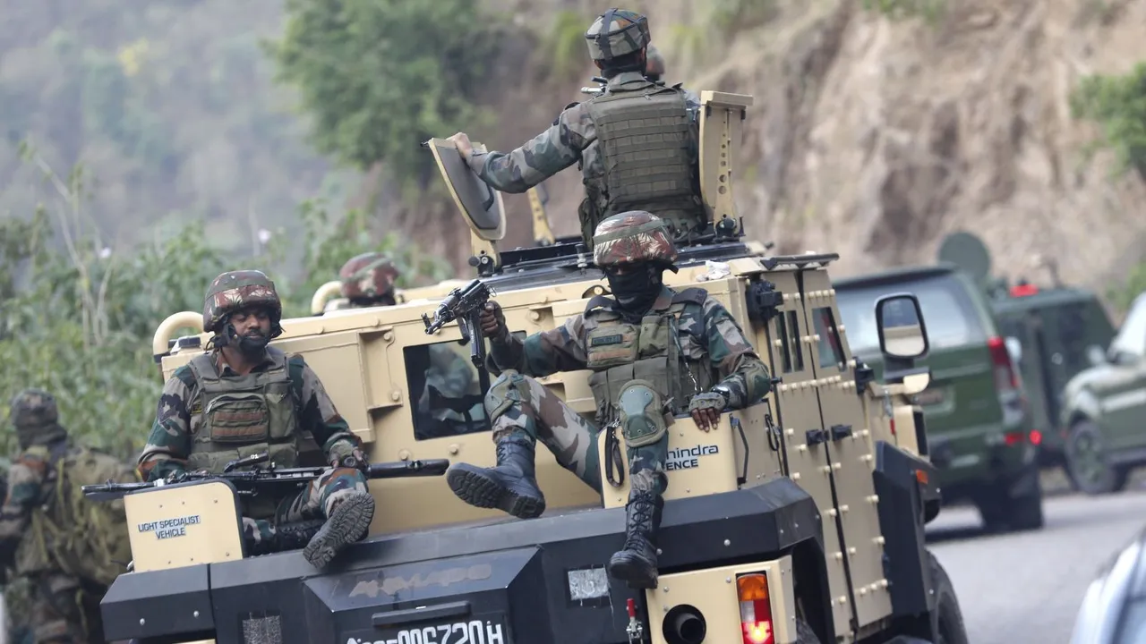 Army personnel during a search operation after a bus carrying pilgrims was ambushed by terrorists, in Reasi district of Jammu and Kashmir, Monday, June 10, 2024.
