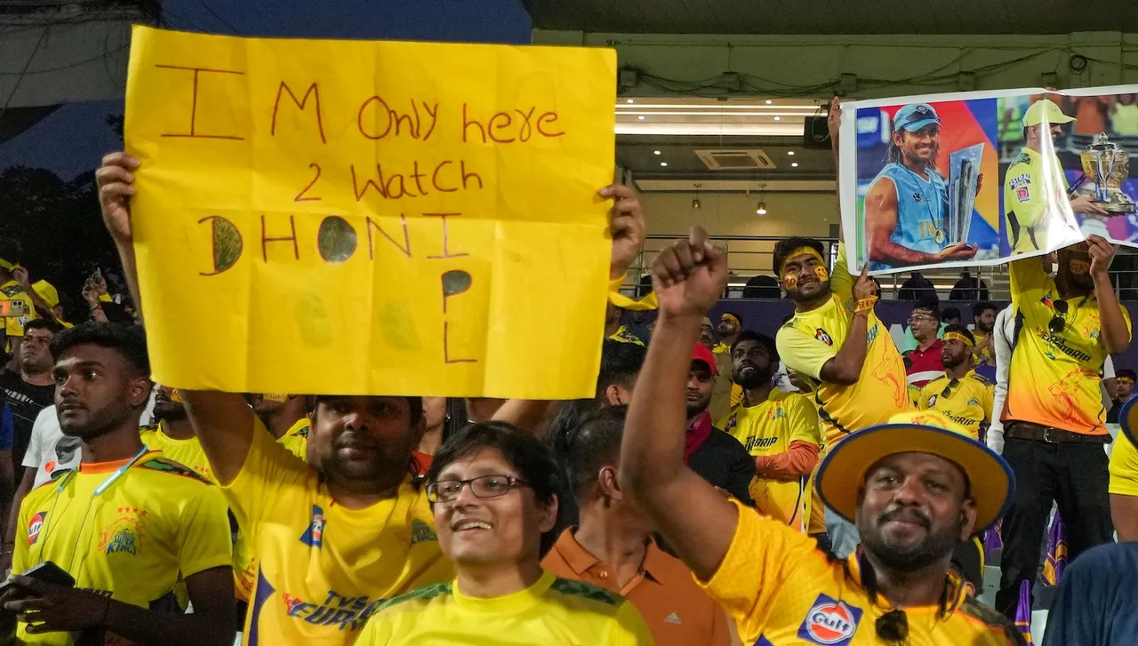 Fans of M S Dhoni cheer before the start the IPL 2023 cricket match between Kolkata Knight Riders and Chennai Super Kings at Eden Gardens on April 23