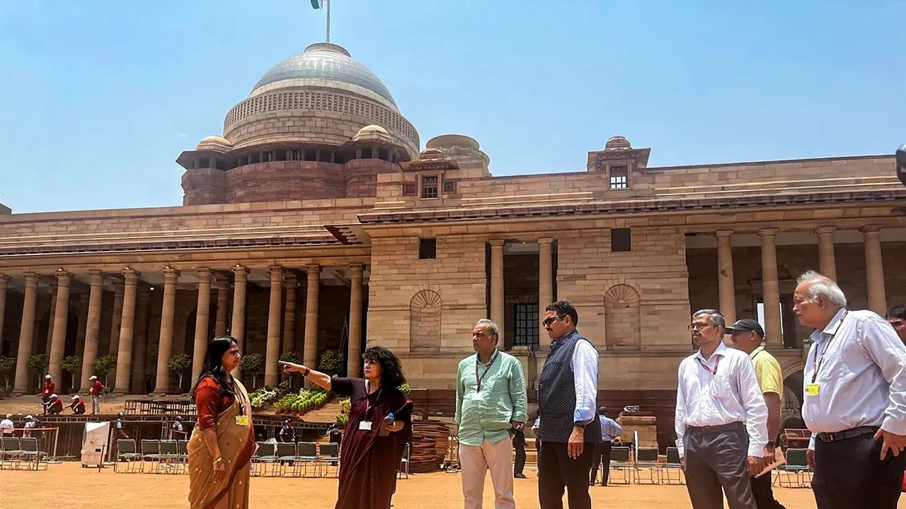 I & B Secretary, Sanjay Jaju along with CEO, Prasar Bharati, Gaurav Dwivedi, Akashvani DG Maushumi Chakravarty and Doordarshan DG Kanchan Prasad reviews the preparations for the swearing-in ceremony at the Rashtrapati Bhawan, in New Delhi