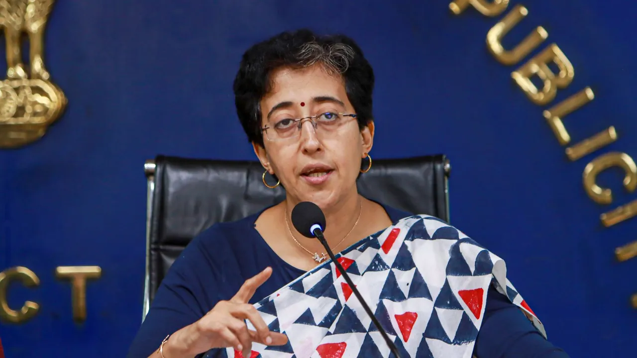 Delhi Minister Atishi addressing a press conference regarding flood control in the national capital during the monsoon season, at the Secretariat, in New Delhi, Friday, July 5, 2024.