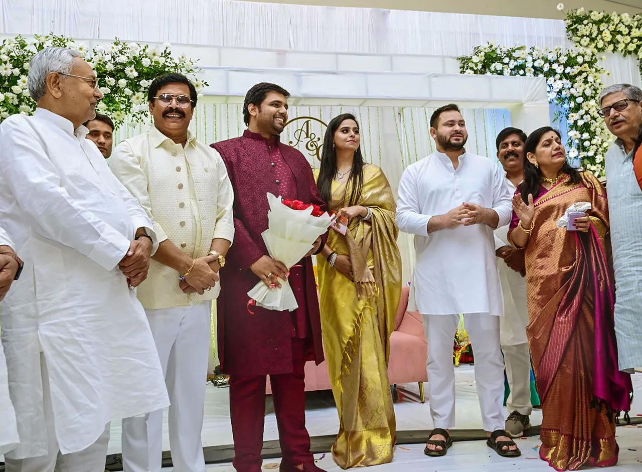 Bihar Chief Minister Nitish Kumar and Deputy CM Tejashwi Yadav with former MP Anand Mohan attend engagement function of MLA Chetan Anand in Patna on April 24