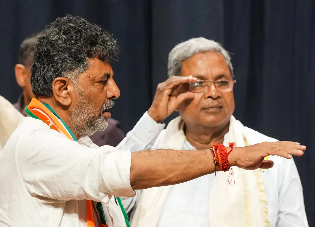Former Karnataka CM Siddaramaiah and Karnataka Congress President D.K. Shivakumar during celebrations after the party's win in Karnataka Assembly elections