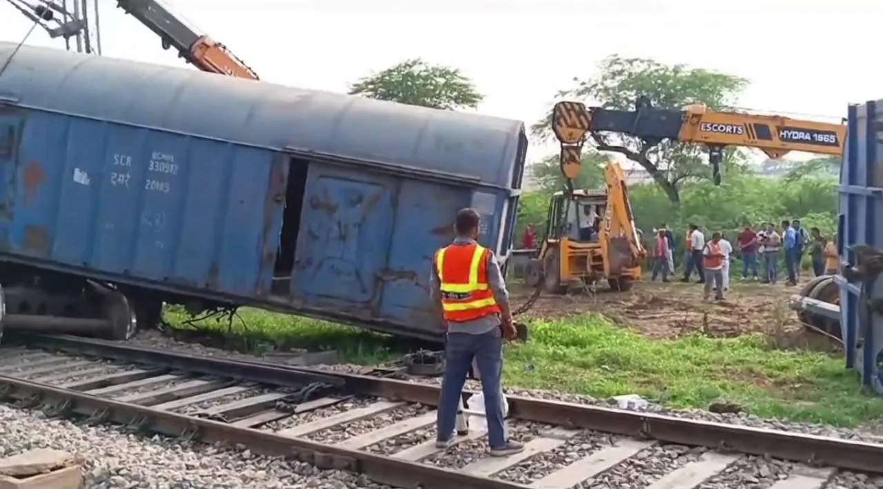 Restoration work underway after a goods train derailed, near Alwar, Sunday, July 21, 2024.