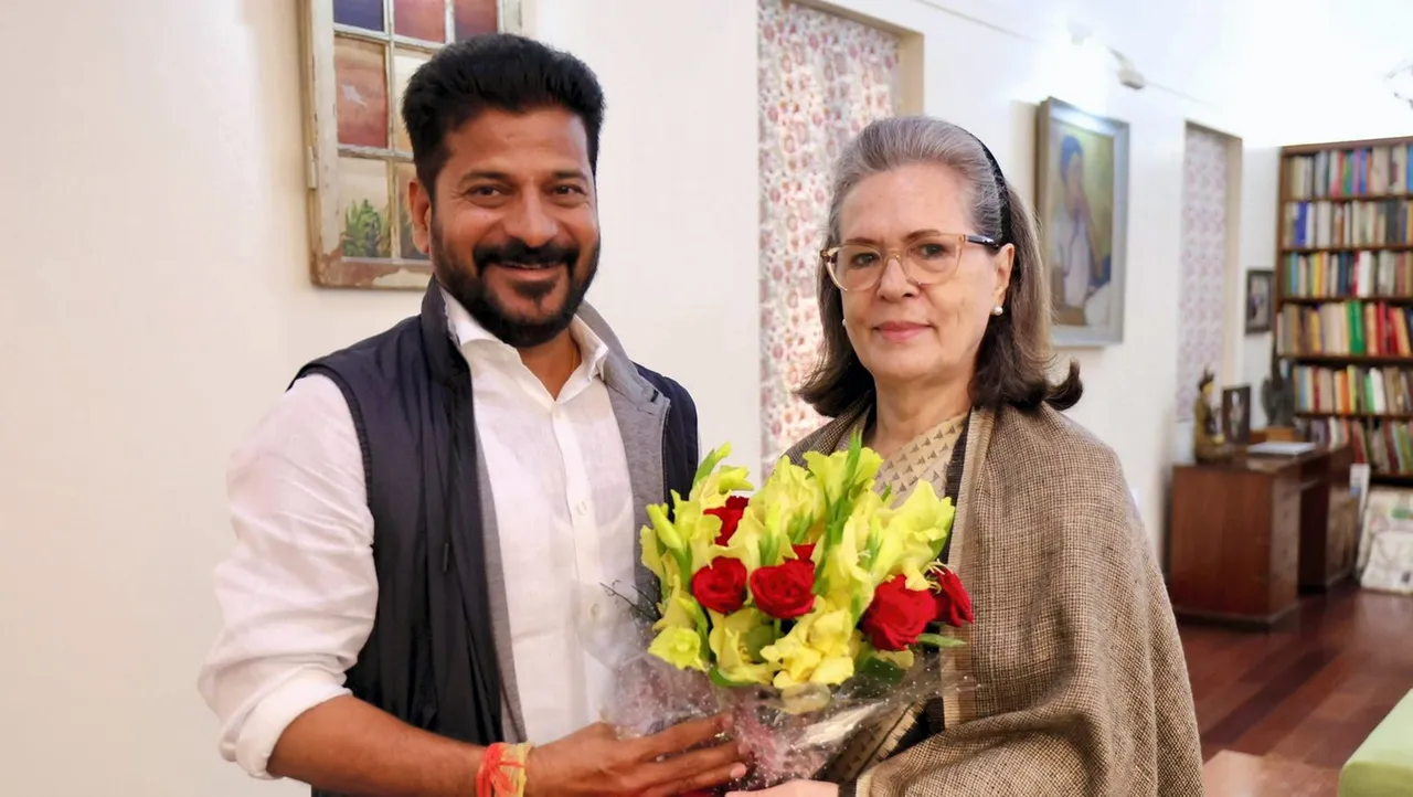 Senior Congress leader Sonia Gandhi with party's Telangana Chief A Revanth Reddy in New Delhi