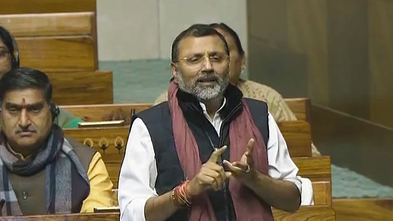 BJP MP Nishikant Dubey speaks in the Lok Sabha during the Budget session of Parliament, in New Delhi