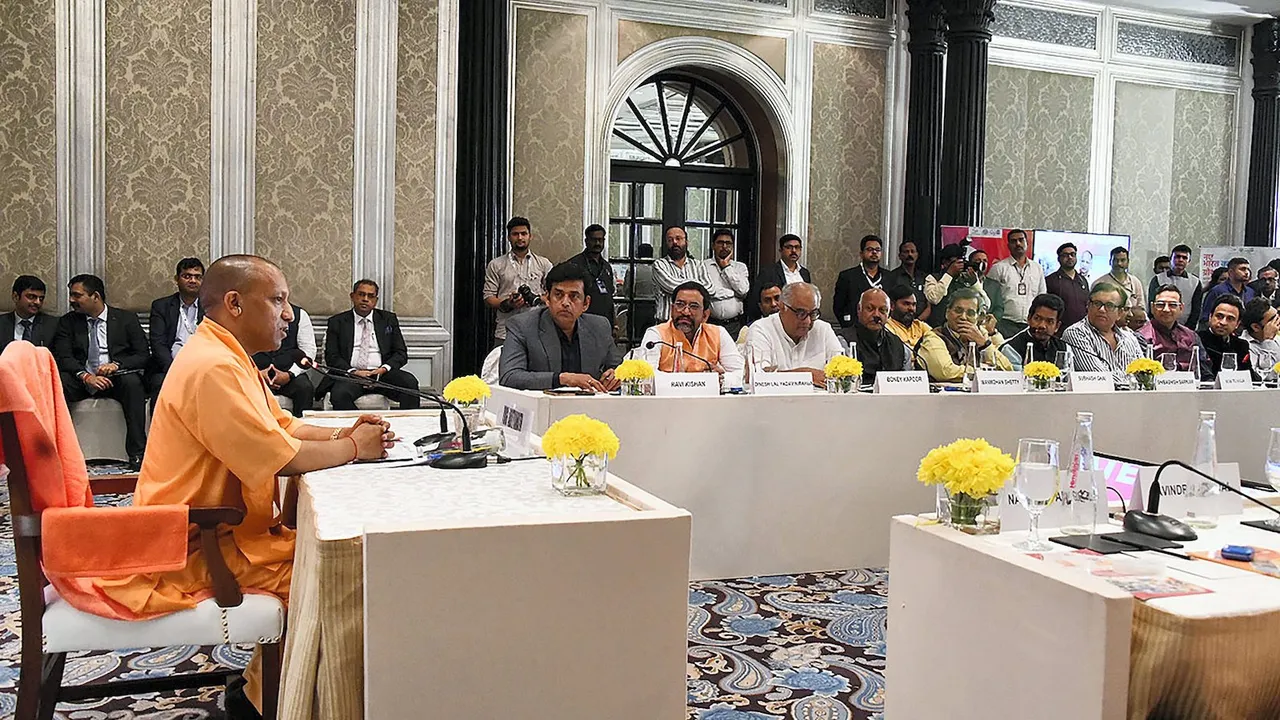 Chief Minister of Uttar Pradesh Yogi Adityanath speaks during a meeting with people associated with the film industry