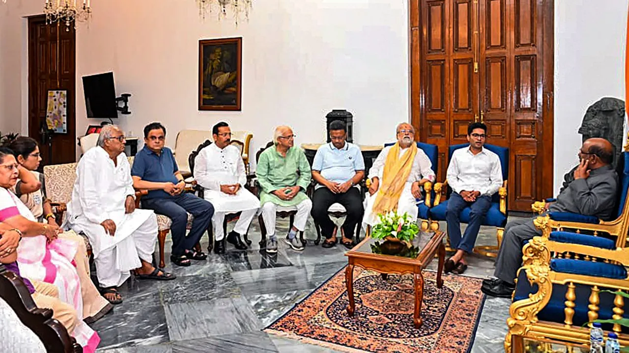 TMC leader Abhishek Banerjee and others during a meeting with West Bengal Governor C V Ananda Bose, in Kolkata