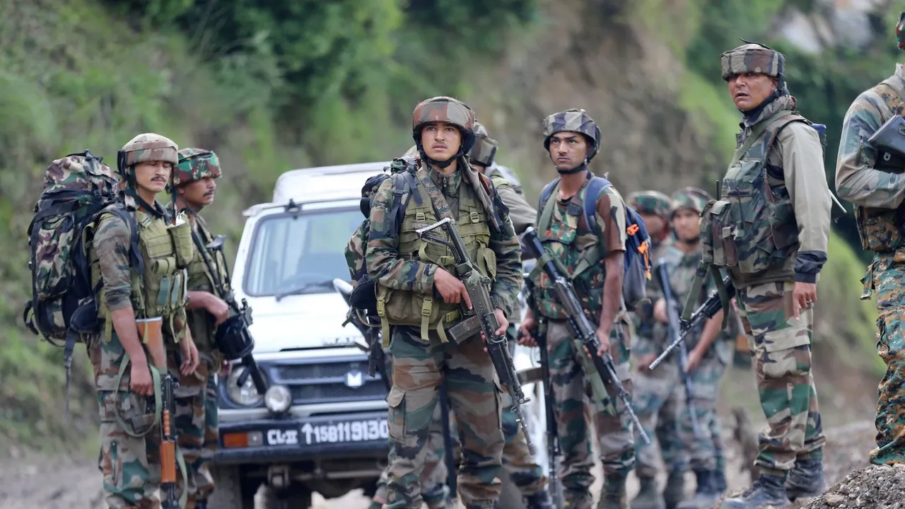 Indian Army personnel during a counter-terror operation following a terrorist attack on an Army convoy, in Kathua district, Tuesday, July 9, 2024.