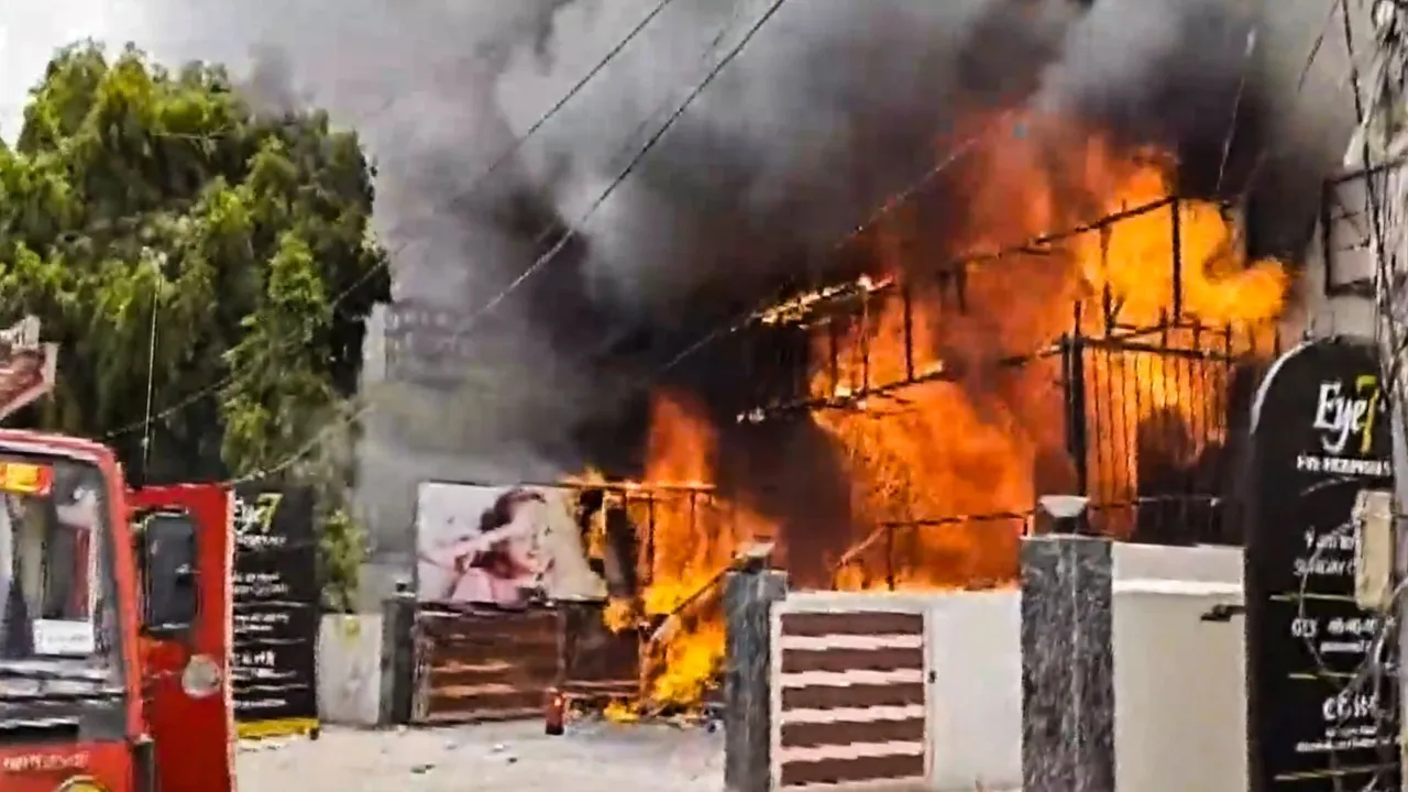 Firefighters douse a fire which broke out at an eye hospital, in Lajpat Nagar, New Delhi, Wednesday, June 5, 2024