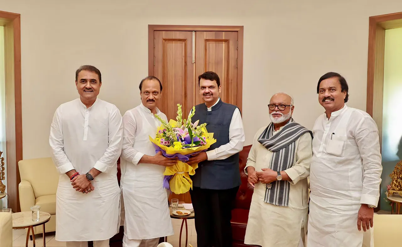 Maharashtra Deputy Chief Minister Ajit Pawar, Nationalist Congress Party (NCP) leaders Praful Patel and Chhagan Bhujbal and others meet Maharashtra Deputy Chief Minister Devendra Fadnavis, in Mumbai