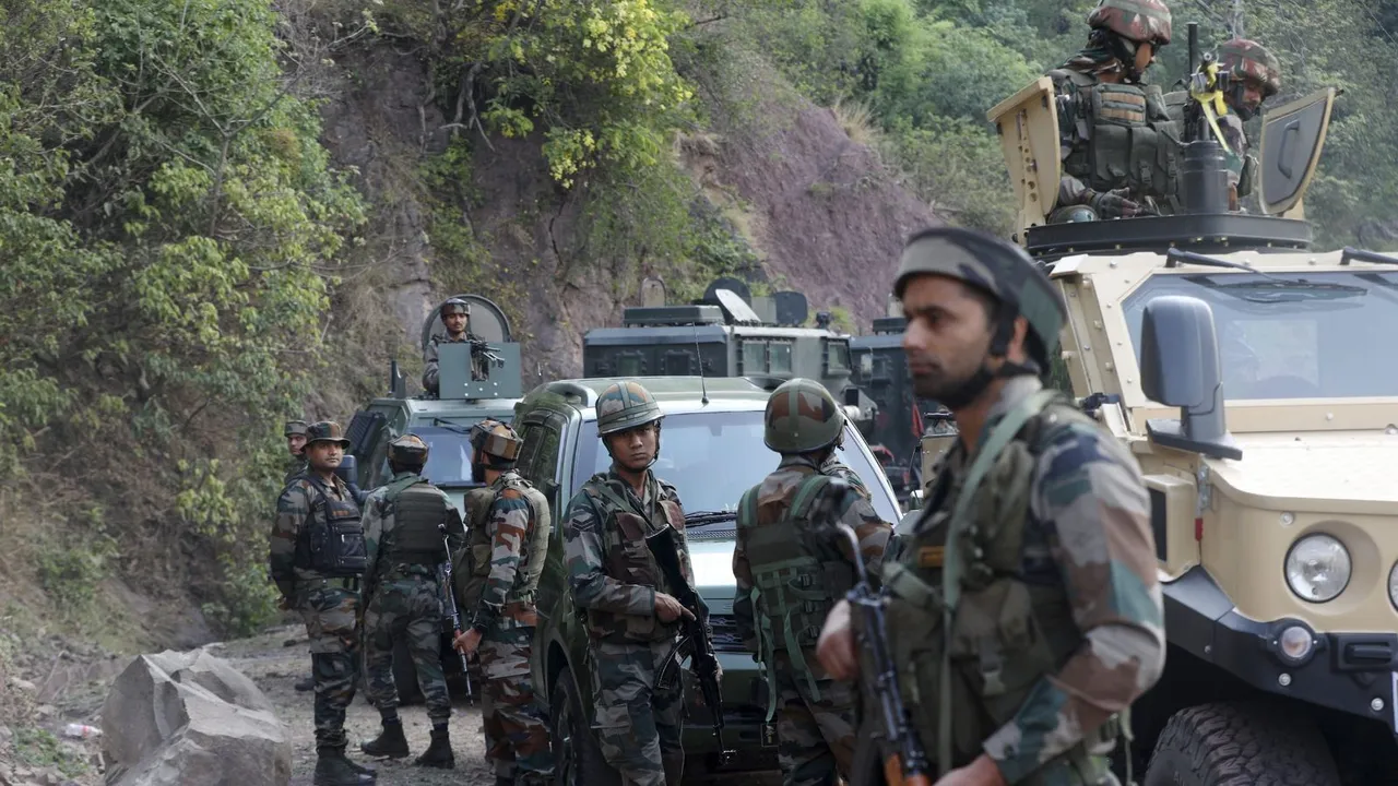 Army personnel during a search operation after a bus carrying pilgrims was ambushed by terrorists, in Reasi district of Jammu and Kashmir, Monday, June 10, 2024.