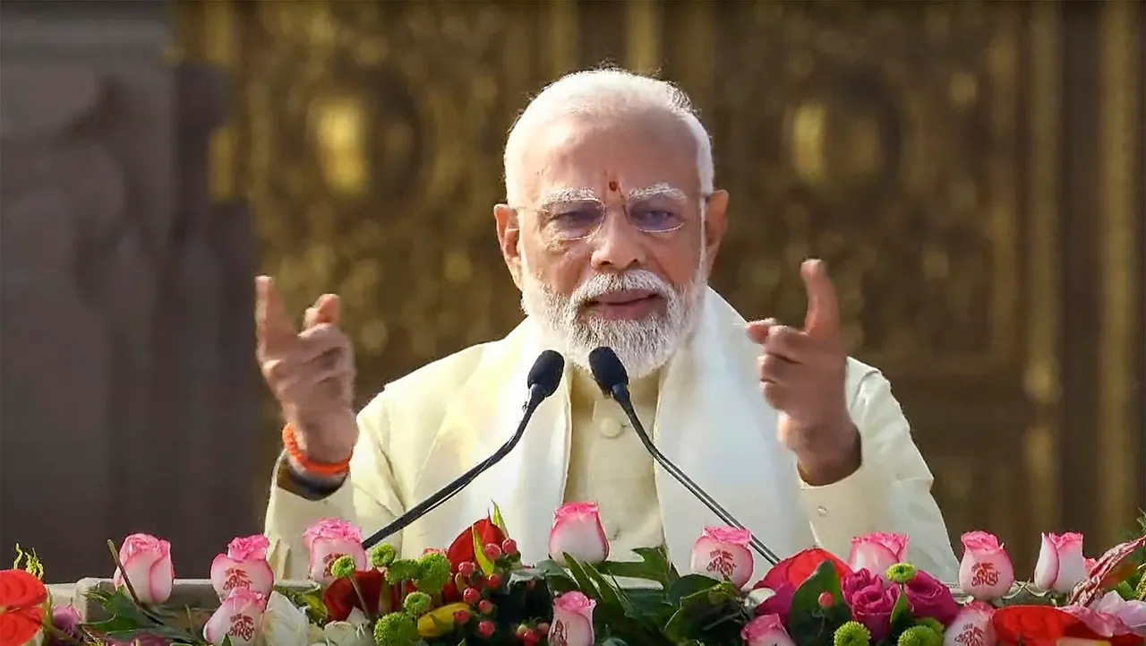 Prime Minister Narendra Modi addresses after the Pran Pratishtha ceremony at the Ram Mandir, in Ayodhya