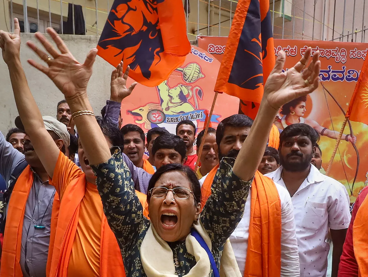 Bajrang Dal workers protest against Congress' manifesto for Karnataka elections, in Bengaluru