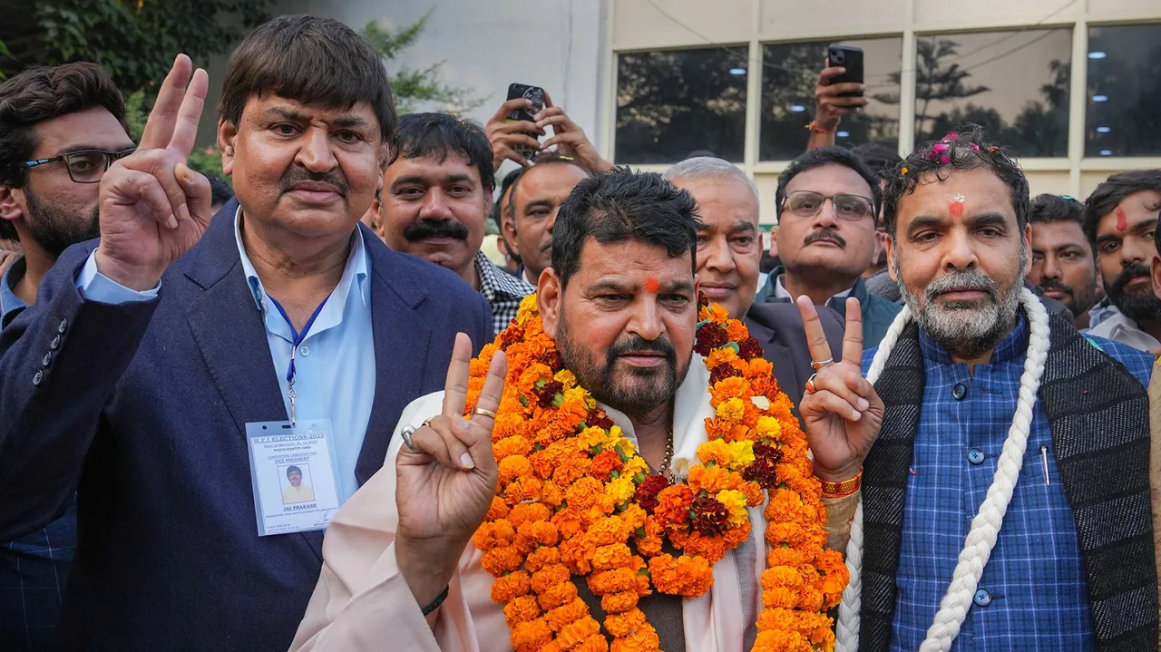 BJP MP Brij Bhushan Sharan Singh with the newly-elected president of the Wrestling Federation of India (WFI) Sanjay Singh