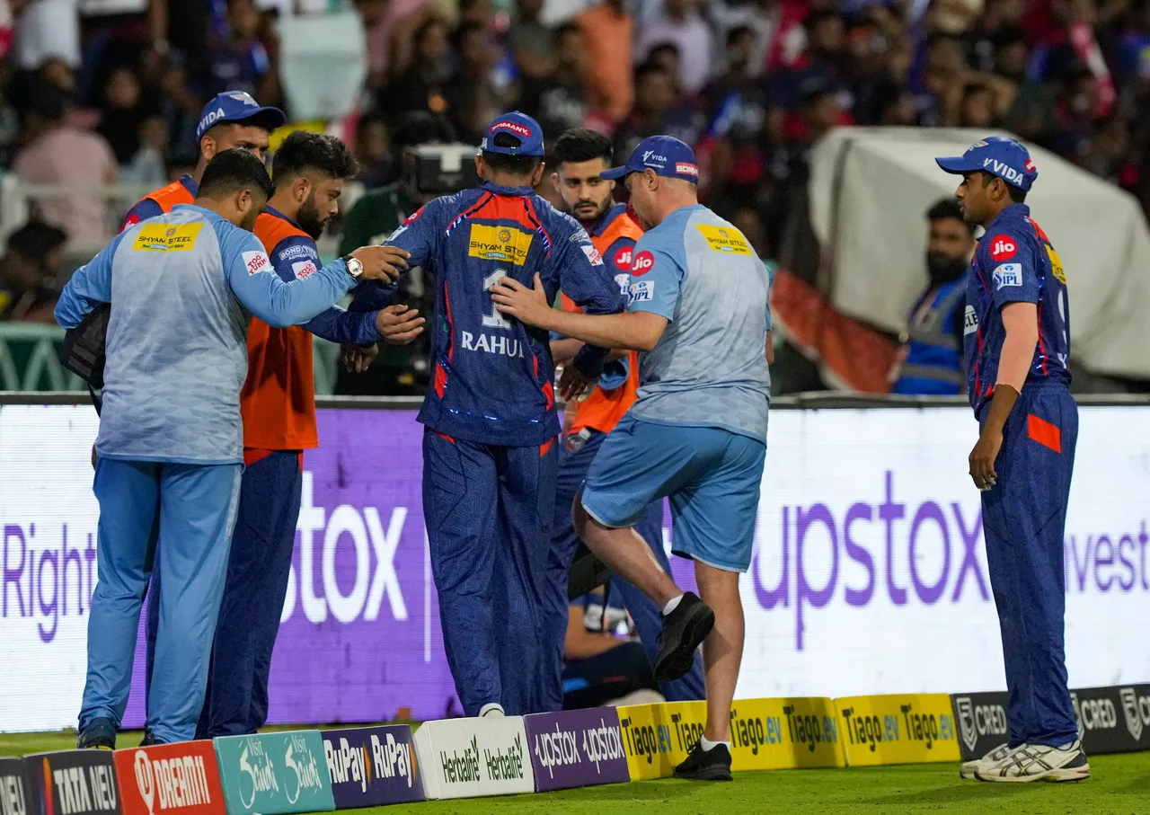 Lucknow Super Giants captain KL Rahul being taken off the field after he got injured during the IPL 2023 cricket match