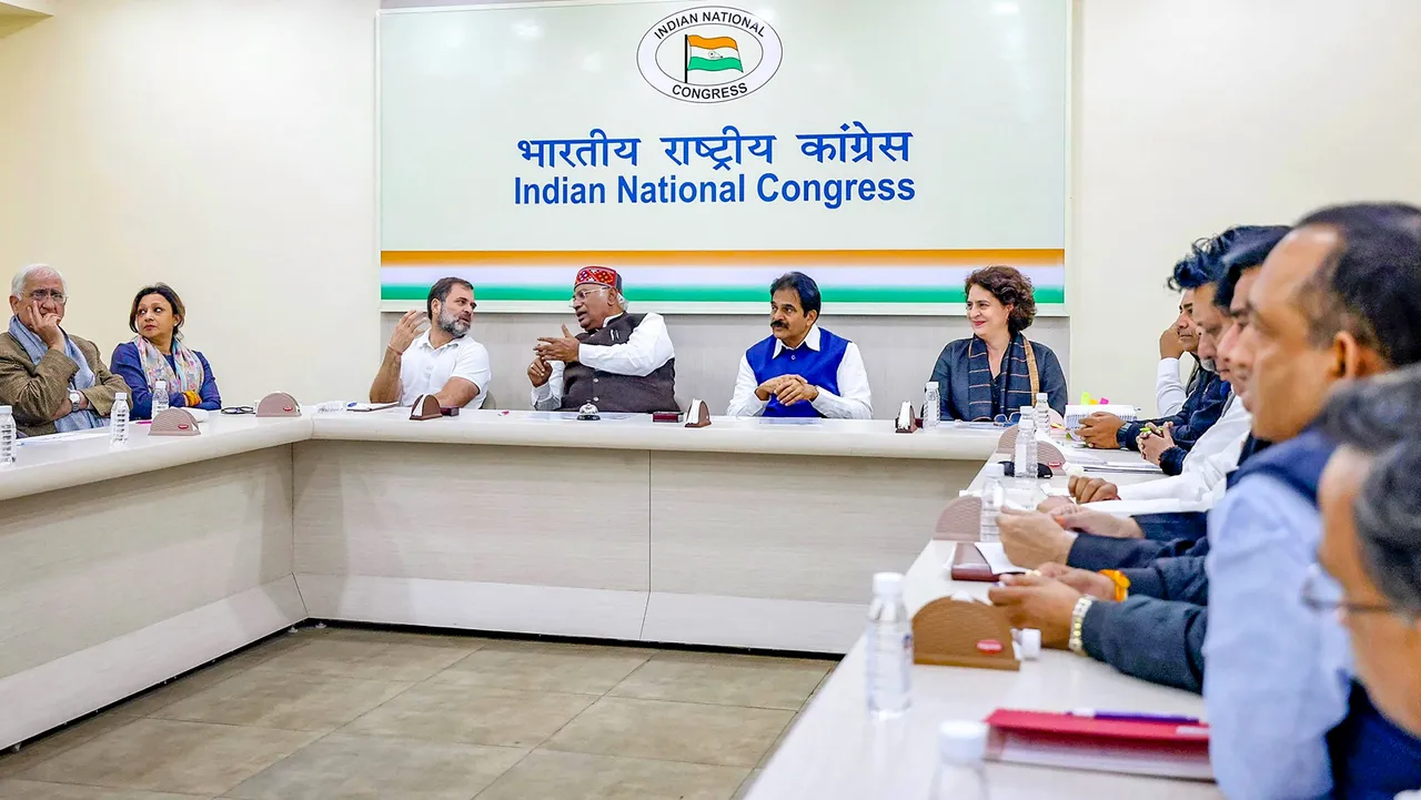 Congress President Mallikarjun Kharge, party leader Rahul Gandhi and other senior leaders during a meeting related to Uttar Pradesh