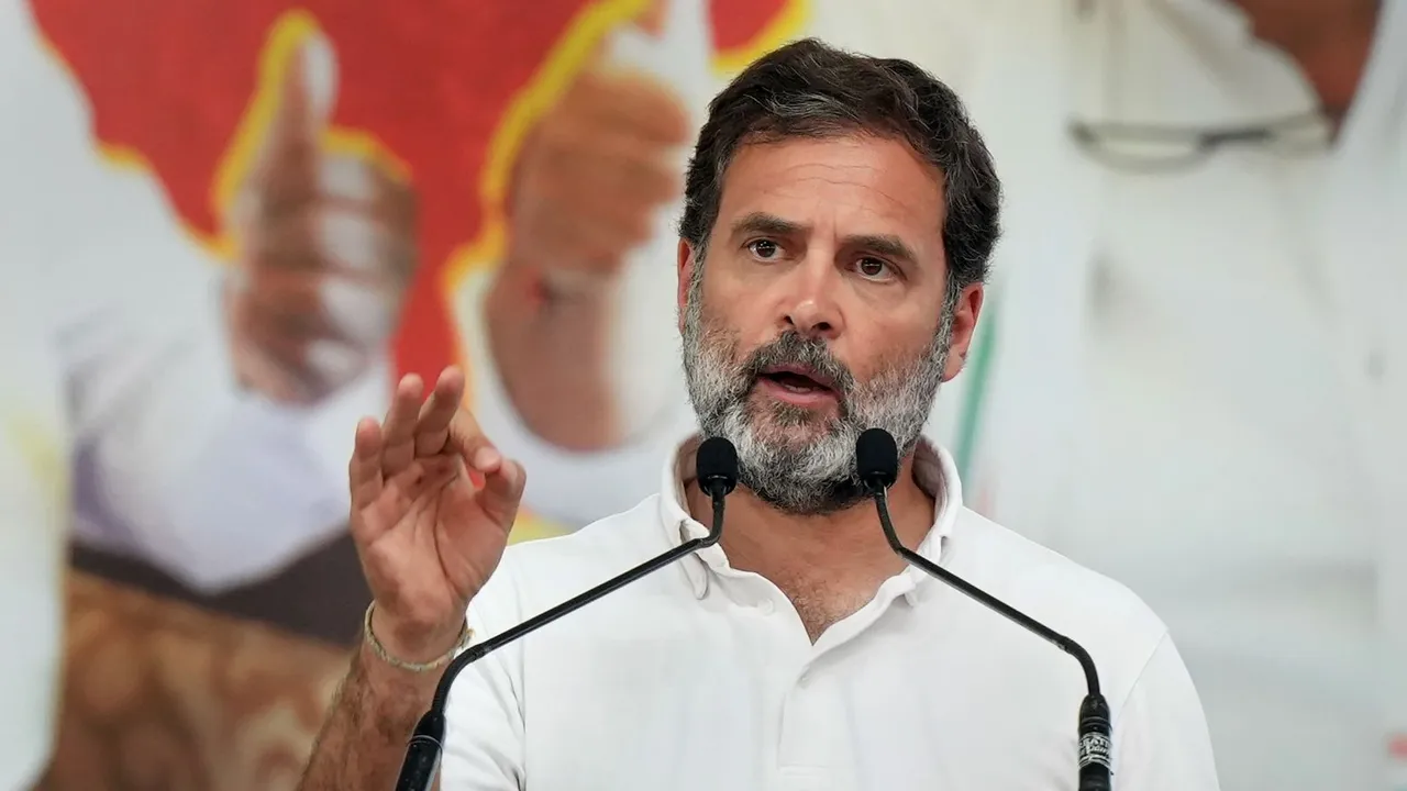 Congress leader Rahul Gandhi addresses an election campaign rally, ahead of the Lok Sabha elections, in Mandya district, Wednesday, April 17, 2024