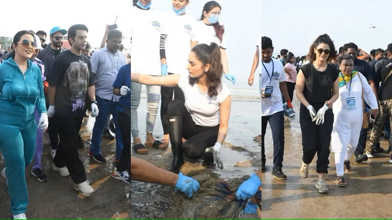 Rajkummar Rao, Manushi Chhillar and Saiyami Kher join Juhu beach clean up drive post visarjan
