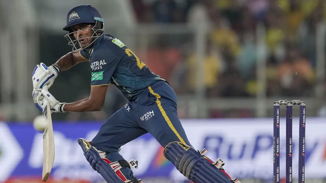 Gujarat Titans batter Sai Sudharsan plays a shot during the IPL 2023 cricket match between Gujarat Titans and Chennai Super Kings, at the Narendra Modi Stadium on May 29