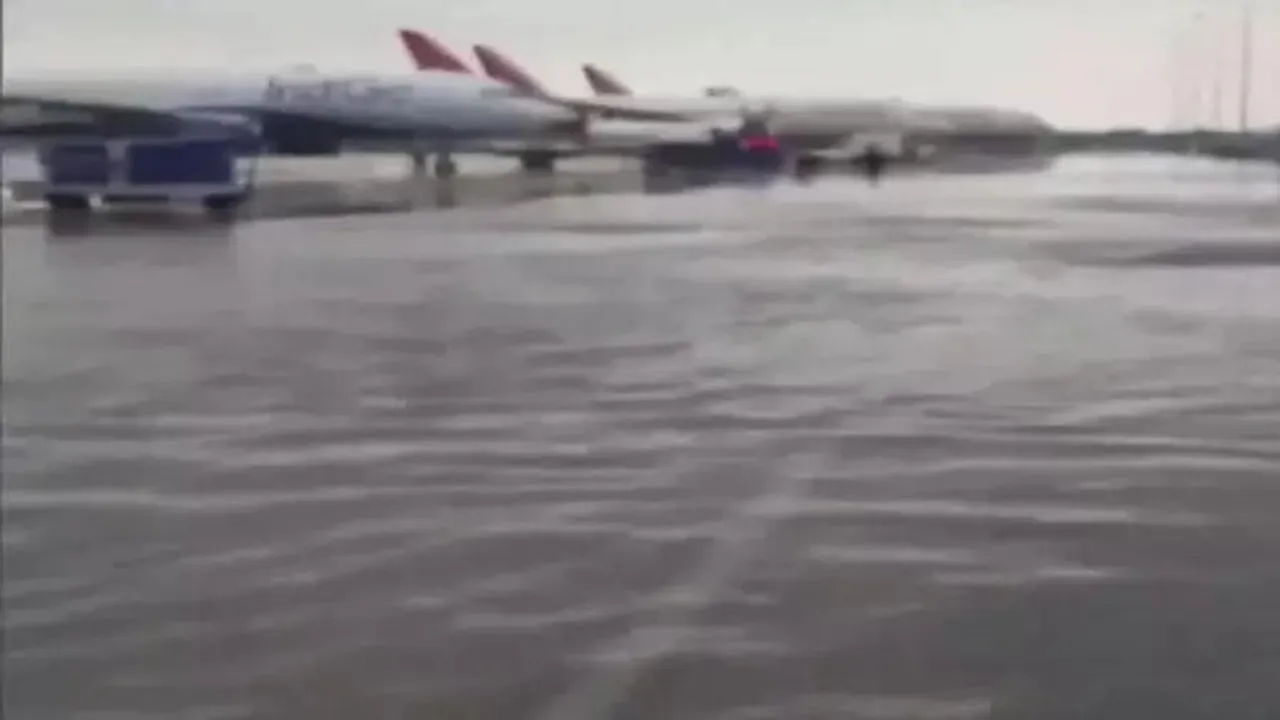 IGI Airport runway waterlogged