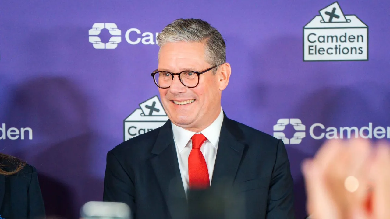 Britain's Labour Party leader Keir Starmer reacts on stage as he is elected for the Holborn and St Pancras constituency, in London.