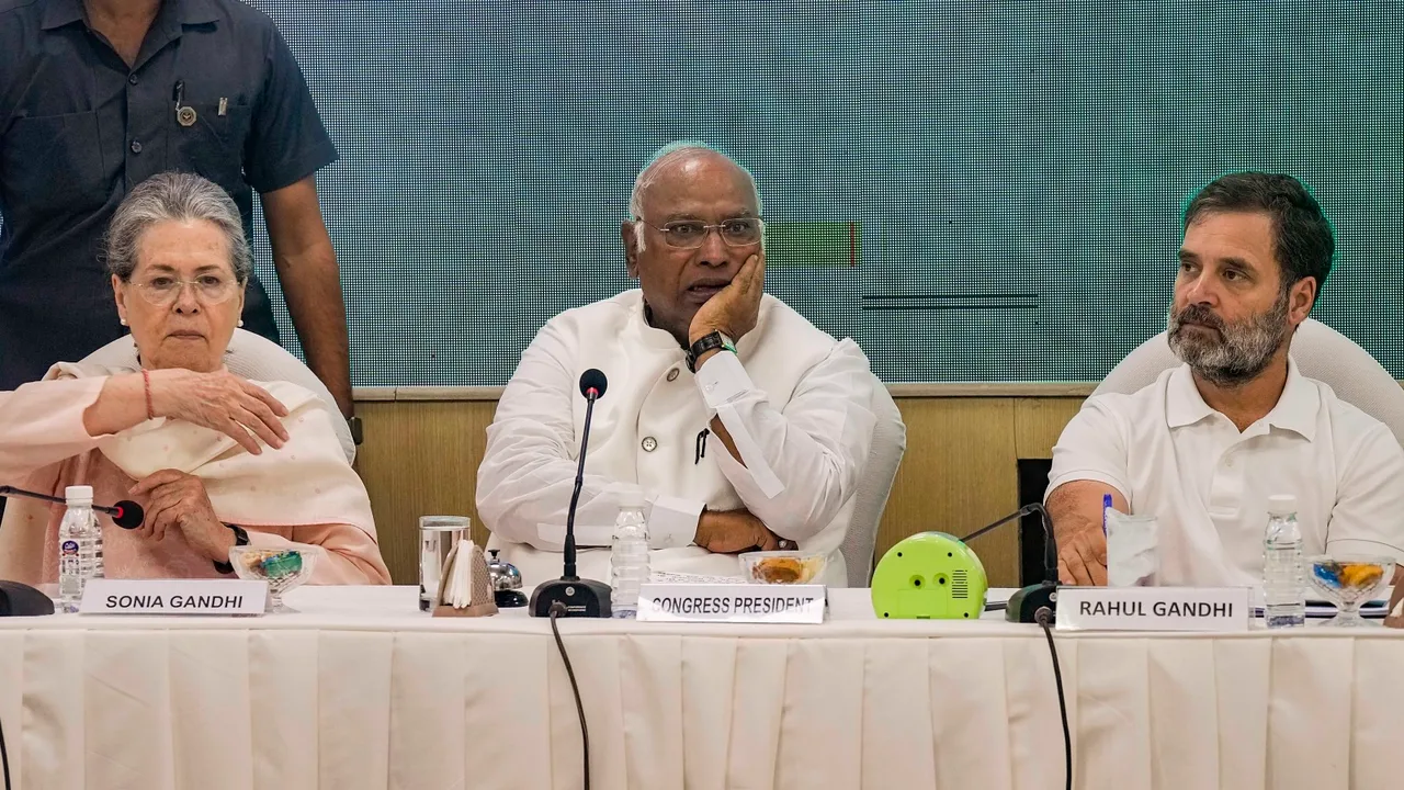 Congress President Mallikarjun Kharge with party leaders Sonia Gandhi and Rahul Gandhi during the Congress Working Committee meeting at the AICC Headquarters, in New Delhi