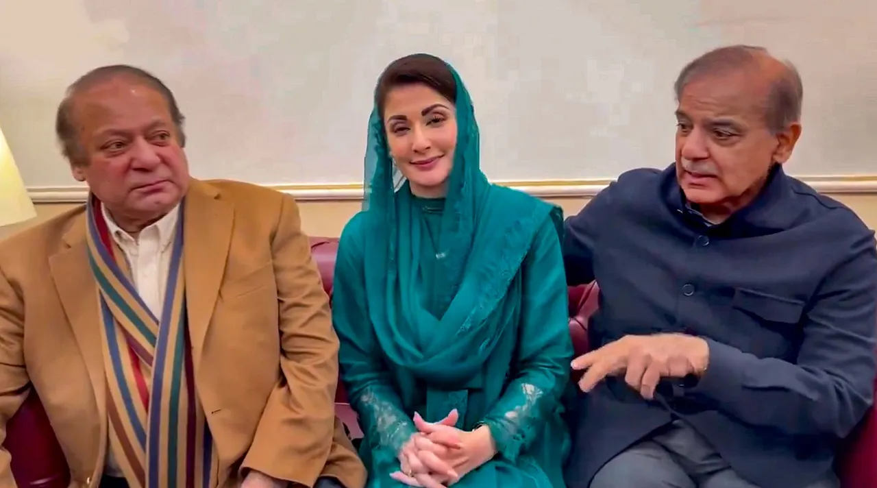 Newly elected Punjab Chief Minister Maryam Nawaz Sharif and Quaid Nawaz Sharif and Jamaat President Shehbaz Sharif during a meeting, Monday, Feb. 26, 2024.
