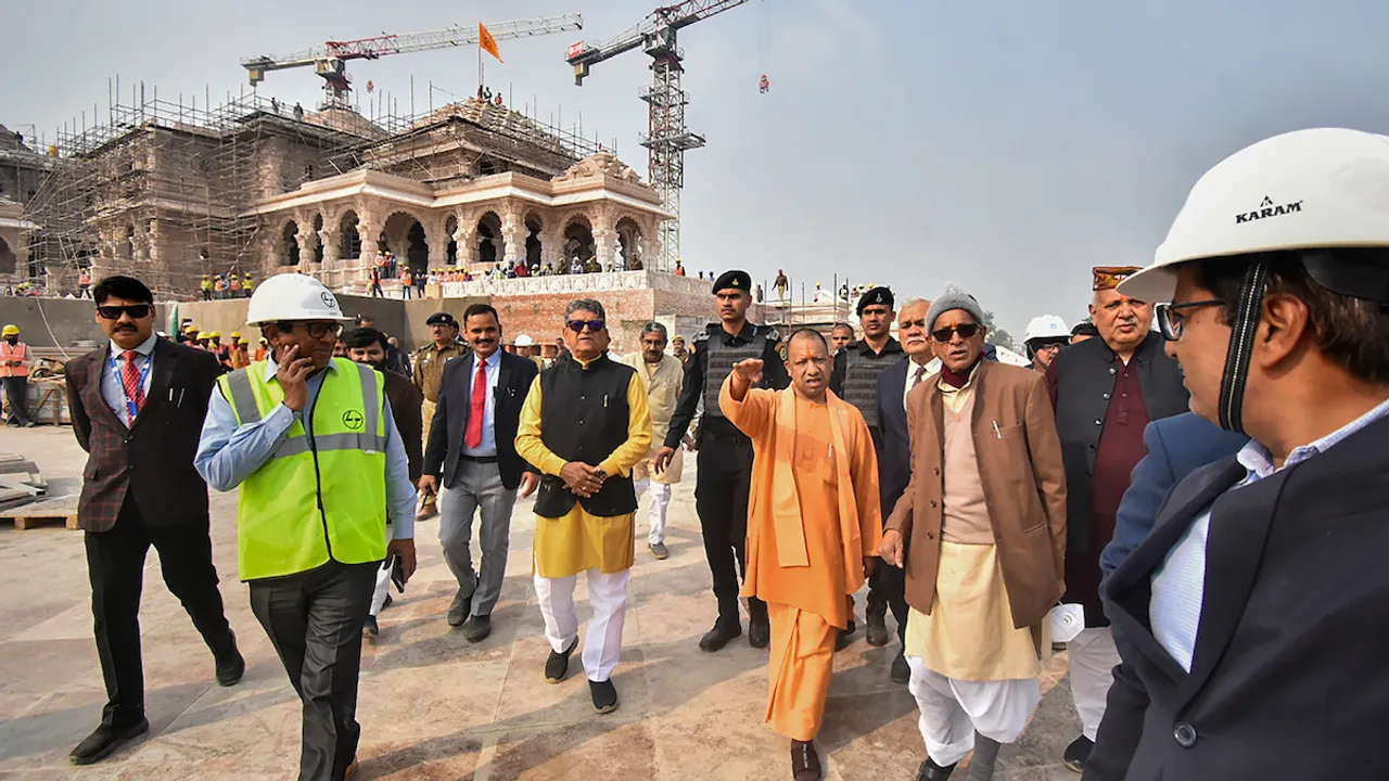 Chief Minister Yogi Adityanath inspects the construction work of Sri Ram templ, in Ayodhya district, Thursday, Dec. 21, 2023.