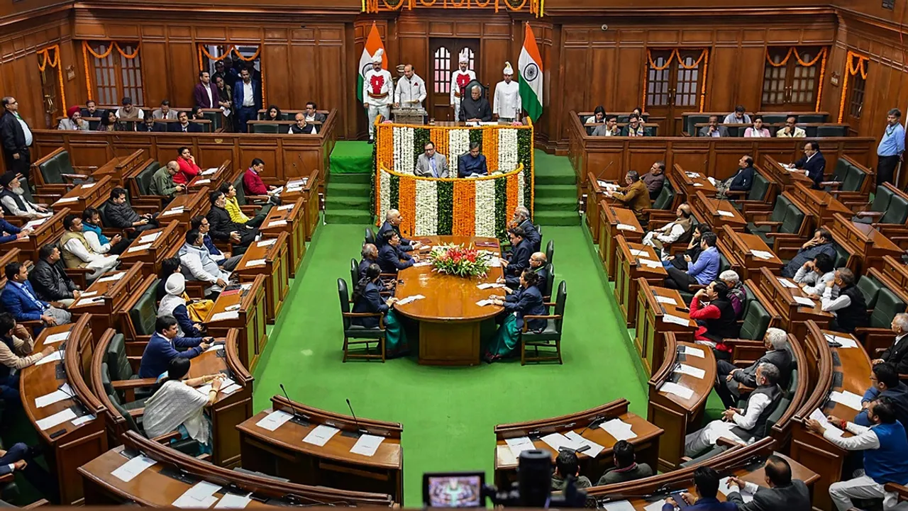 Delhi Lt. Governor V.K. Saxena addresses the Delhi Legislative Assembly during the first day of the Budget session, in New Delhi, Thursday, Feb. 15, 2024.