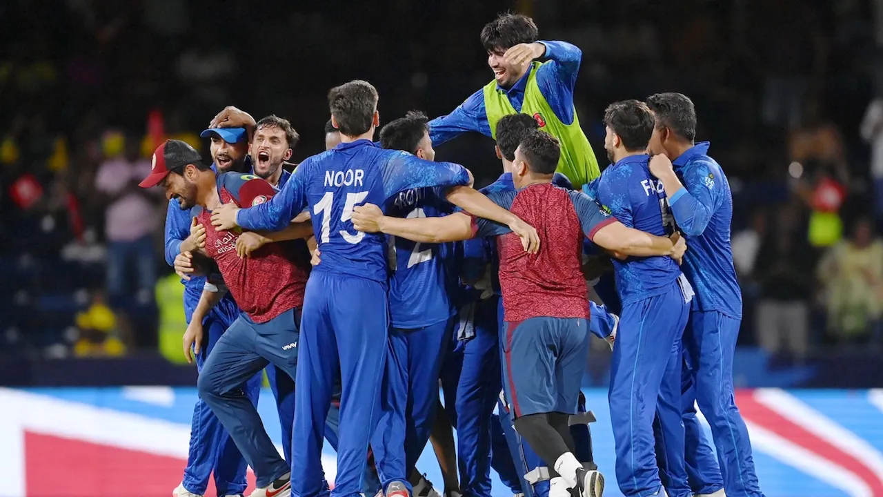 Afghanistan players celebrate win over Australia in T20 World Cup Super 8 match