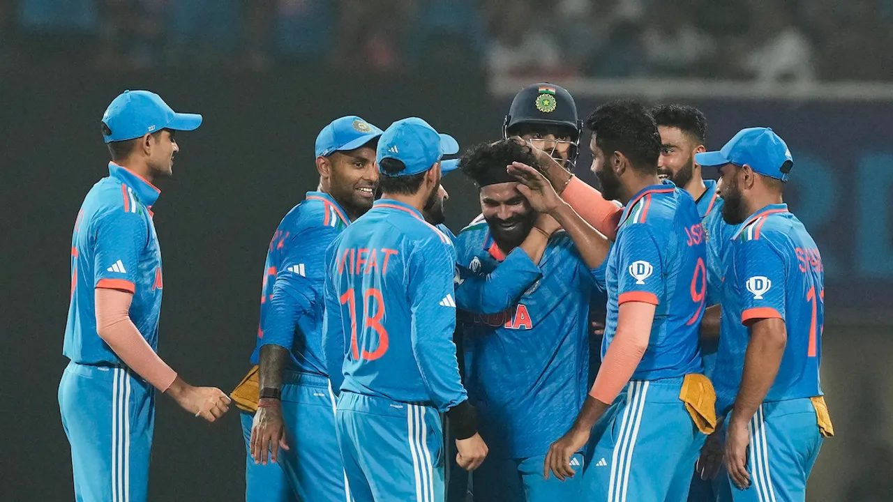 Ravindra Jadeja celebrates with teammates the wicket of South African batter Heinrich Klaasen during the ICC Men's Cricket World Cup 2023 match between India and South Africa, at Eden Gardens, in Kolkata, Sunday, Nov. 5, 2023.