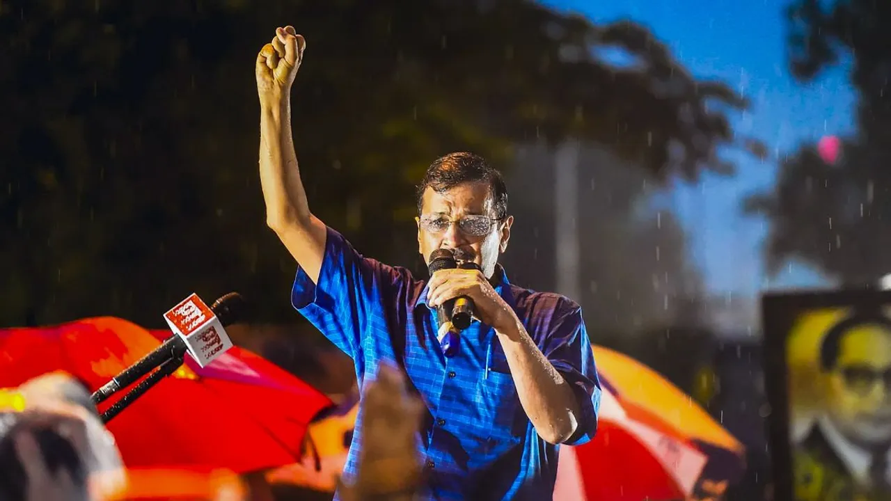 Delhi Chief Minister Arvind Kejriwal addresses supporters amid rainfall after walking out of the Tihar Jail, in New Delhi, Friday, Sept. 13, 2024