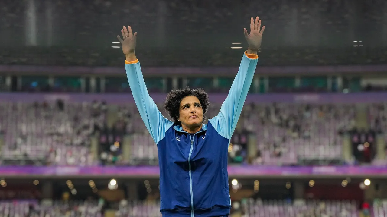 Bronze medallist India's Seema Punia during the presentation ceremony of the women's discus throw event at the 19th Asian Games in Hangzhou, China